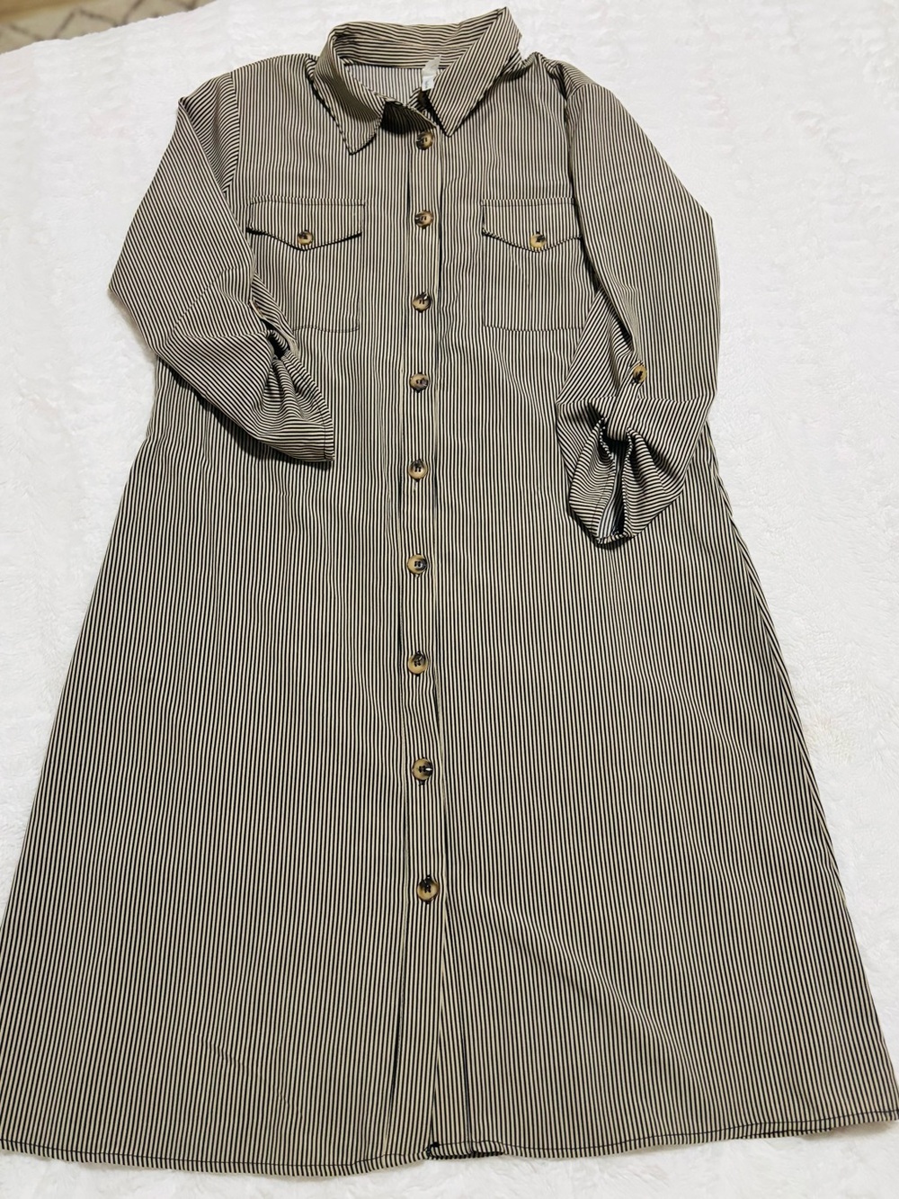 Striped Button-Front Shirt Dress in Black and Cream